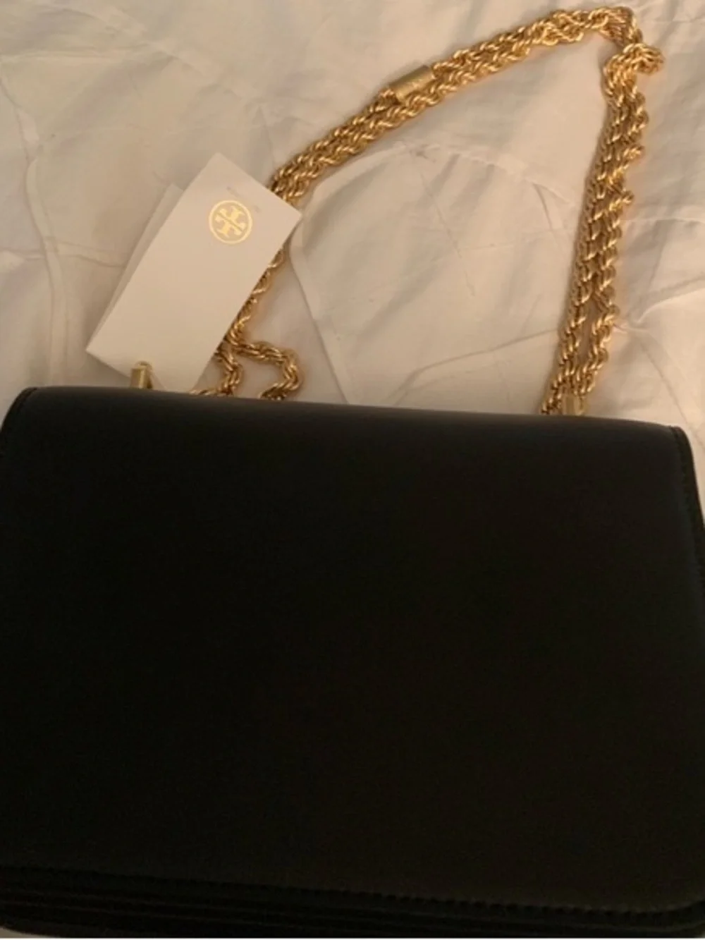 Tory Burch Black Leather Shoulder Bag with Gold Logo